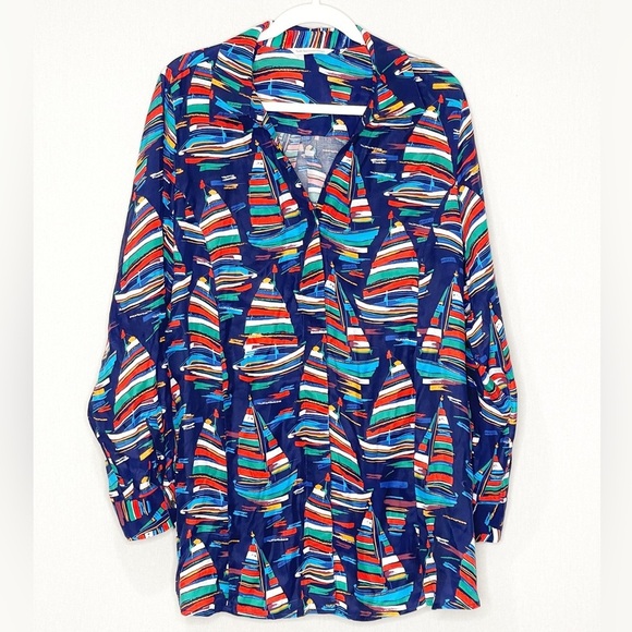 Soft Surrounding Nautical Sail Away Sailboat Button-Up Navy Blouse Cape Cod - Picture 1 of 7